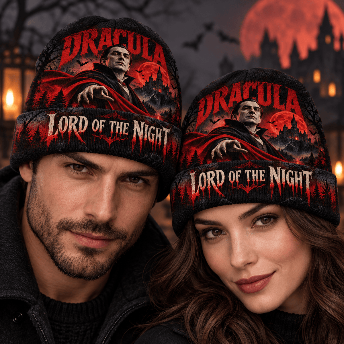 Dracula Castle Moon Graphic Print Knit Beanie for Midnight Gothic Horror Evenings NDN 2
