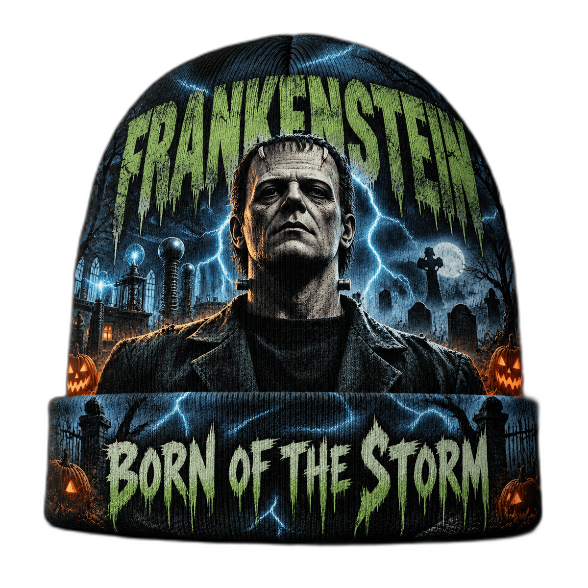 Frankenstein Lightning Bolt Graphic Print Knit Beanie for Stormy Horror Night Walks NDN 1