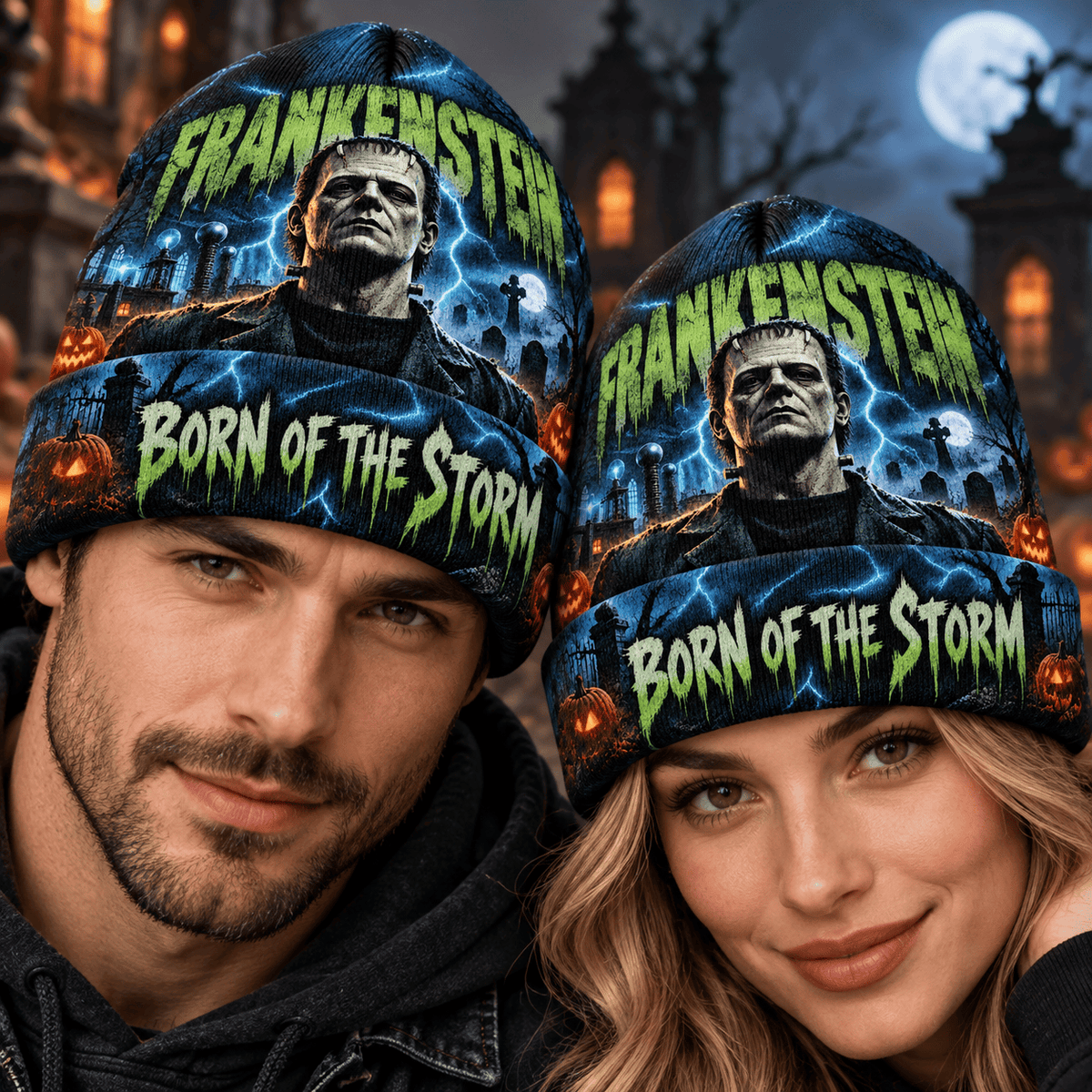 Frankenstein Lightning Bolt Graphic Print Knit Beanie for Stormy Horror Night Walks NDN 2
