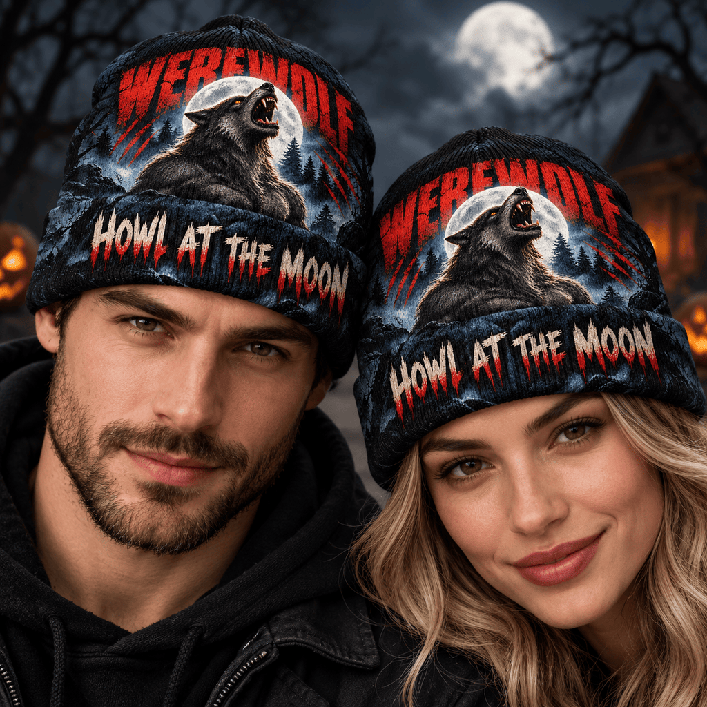 Werewolf Full Moon Howl Graphic Print Knit Beanie for Forest Night Horror Walks NDN 2
