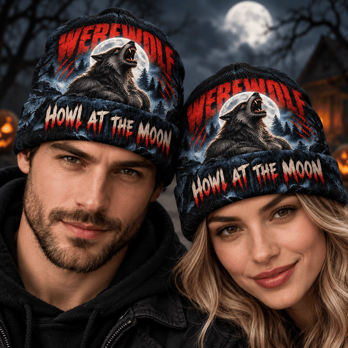 Werewolf Full Moon Howl Graphic Print Knit Beanie for Forest Night Horror Walks NDN 2