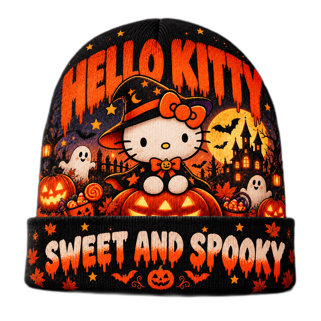 Hello Kitty Witch Hat Graphic Print Knit Beanie for Sweet Spooky Halloween Evenings NDN 1