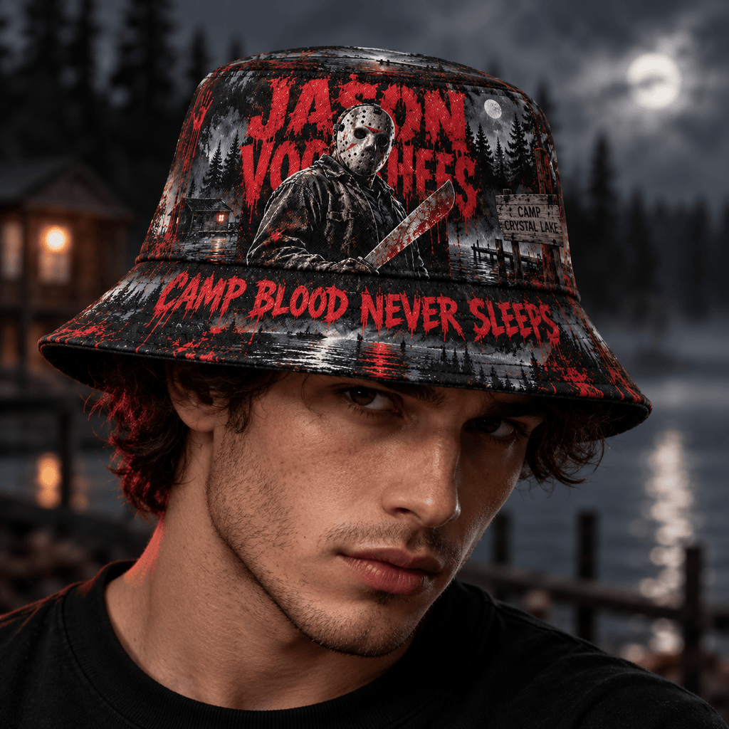 Premium Jason Voorhees Camp Blood Never Sleeps Horror Bucket Hat NDN 2