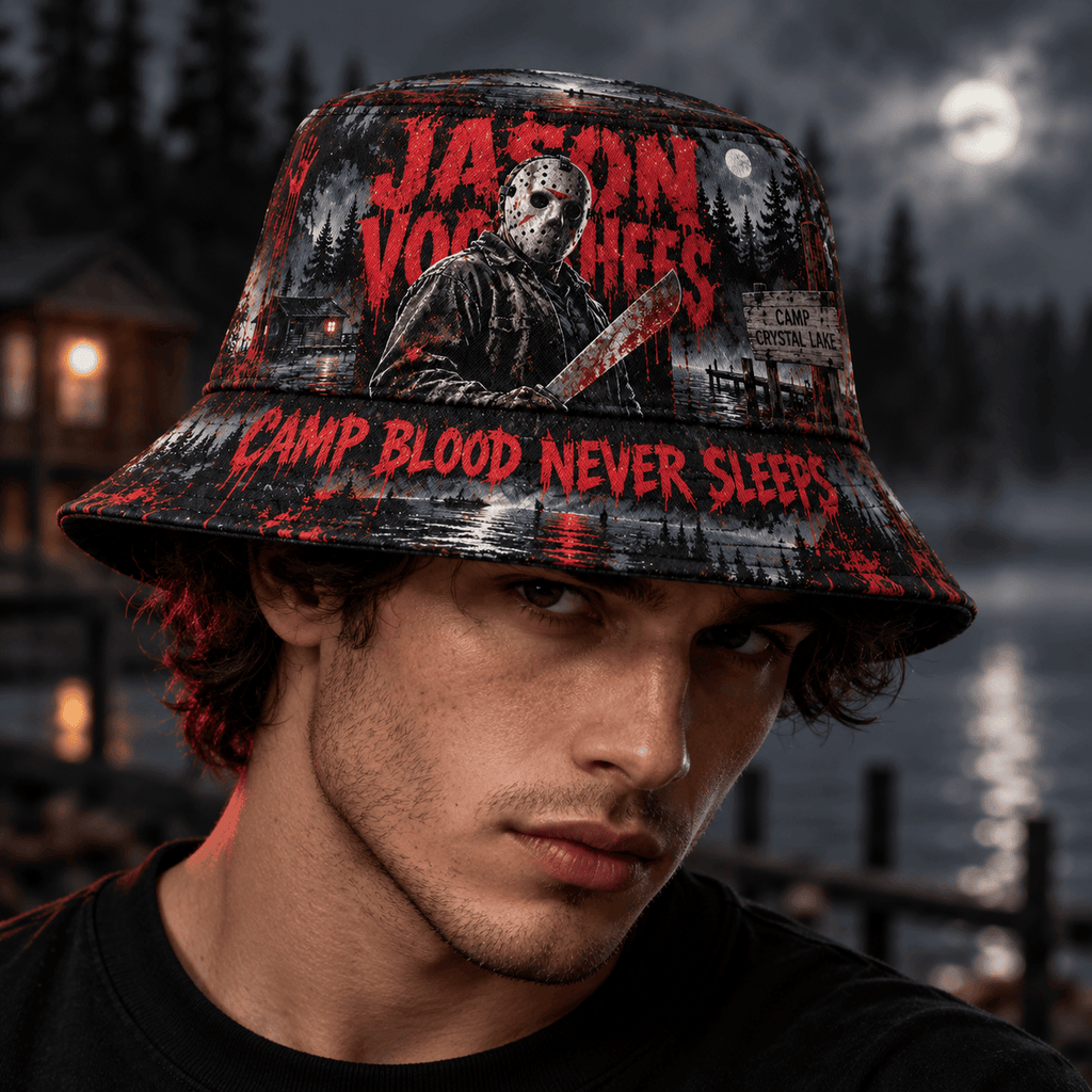 Premium Jason Voorhees Camp Blood Never Sleeps Horror Bucket Hat NDN 2