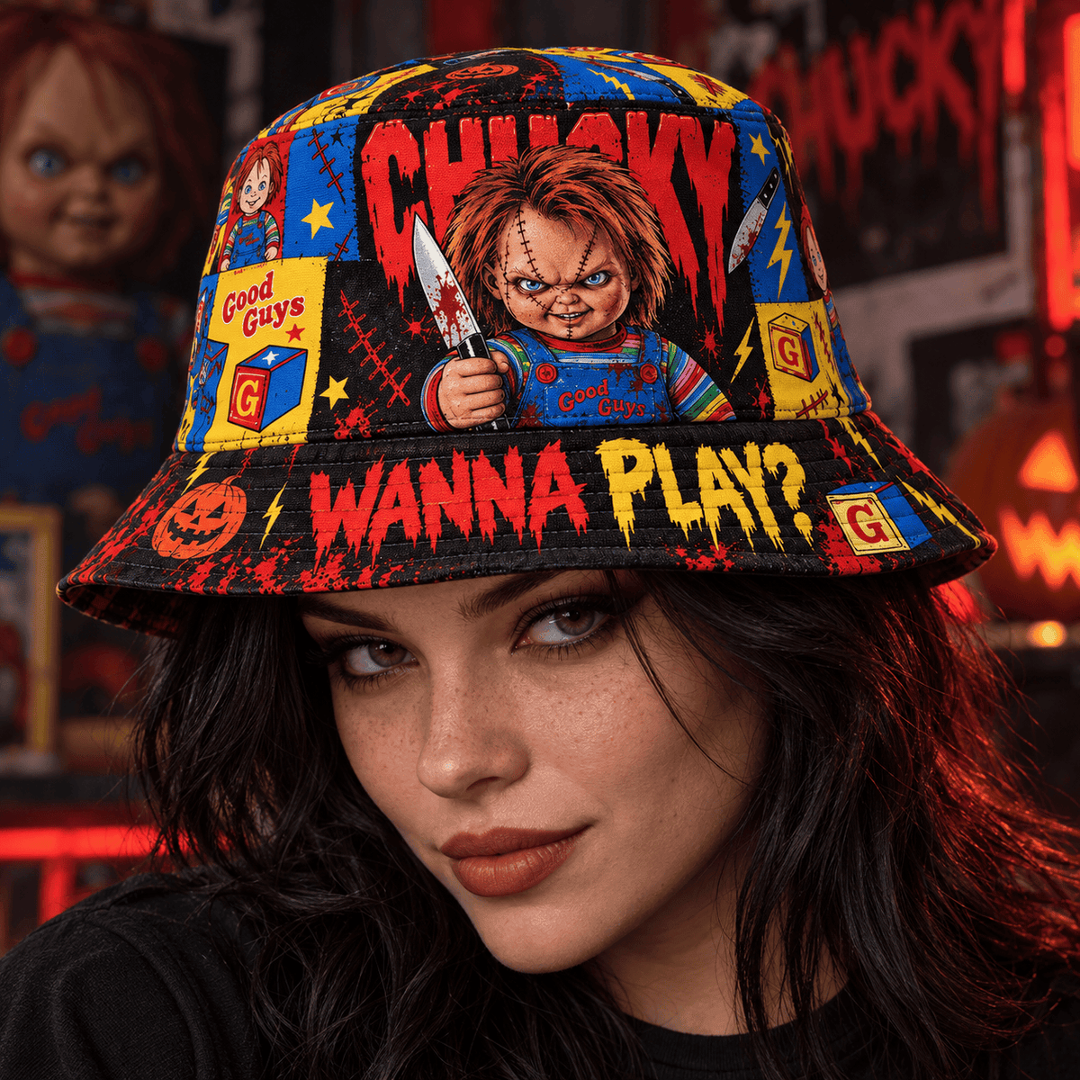 Premium Chucky Wanna Play Horror Movie Graphic Bucket Hat NDN 2