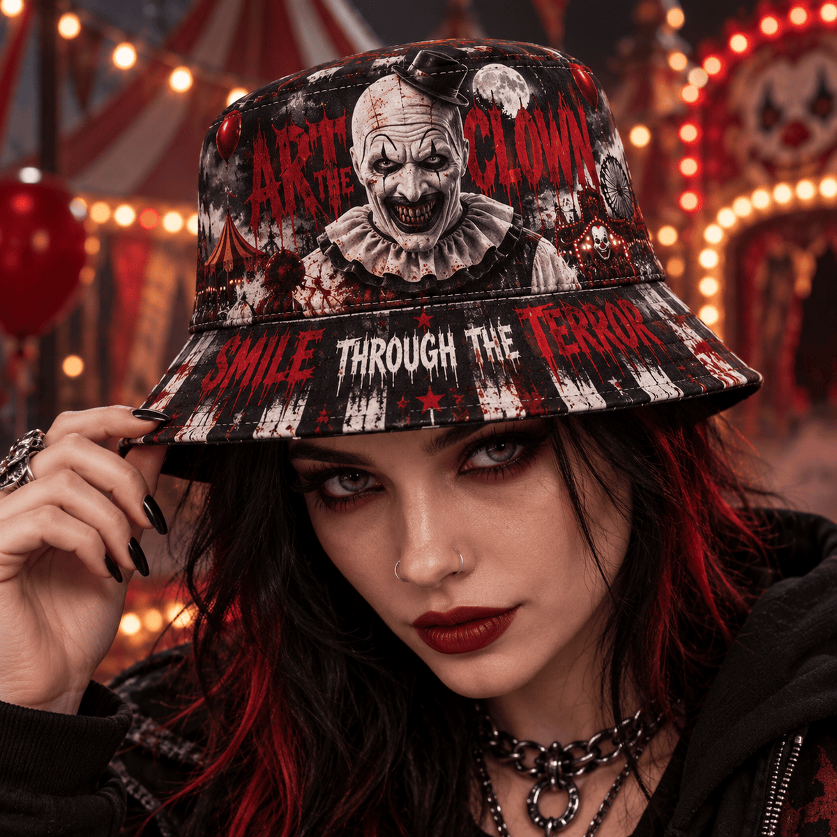 Premium Art The Clown Smile Through The Terror Horror Bucket Hat NDN 2