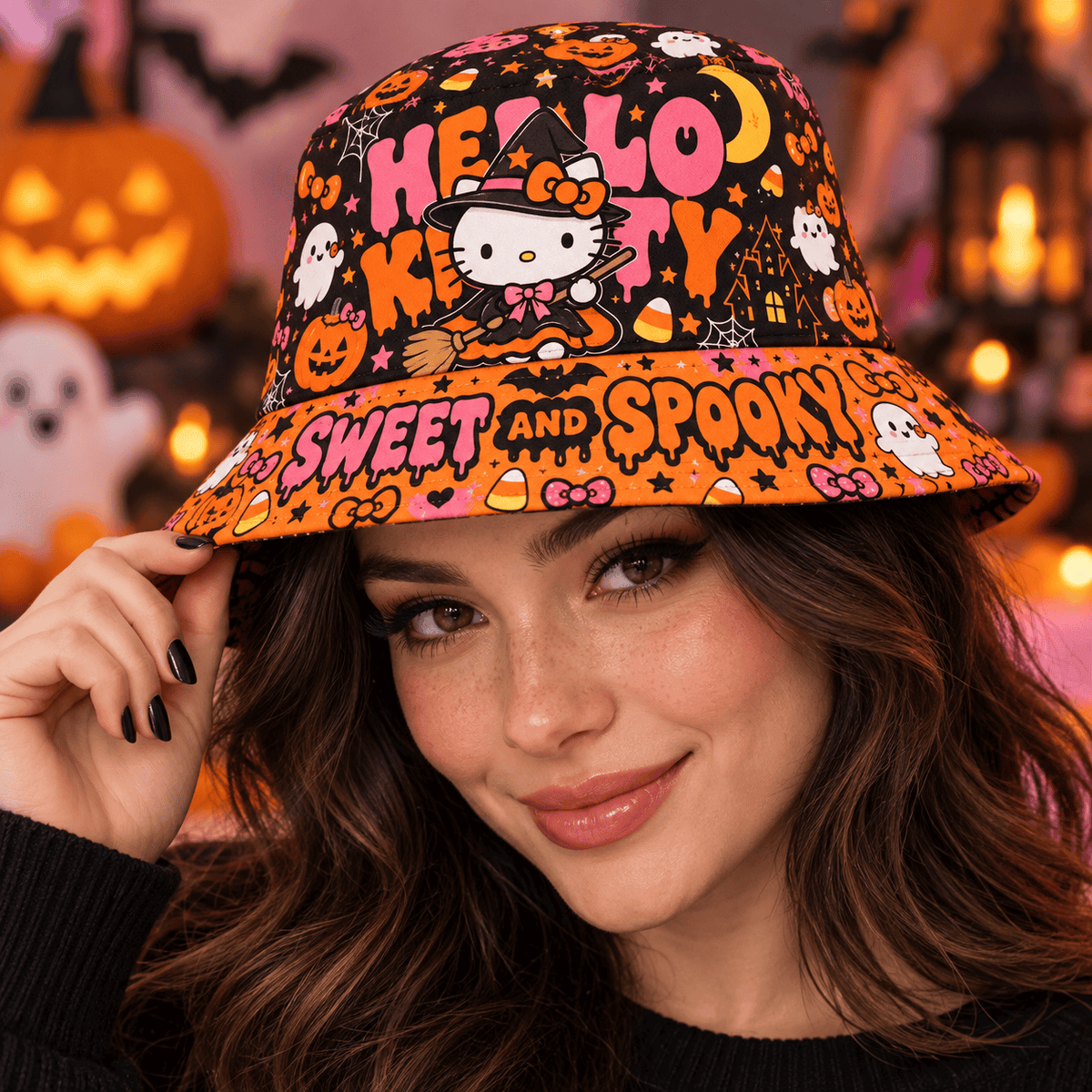 Premium Hello Kitty Sweet And Spooky Halloween Graphic Bucket Hat NDN 2