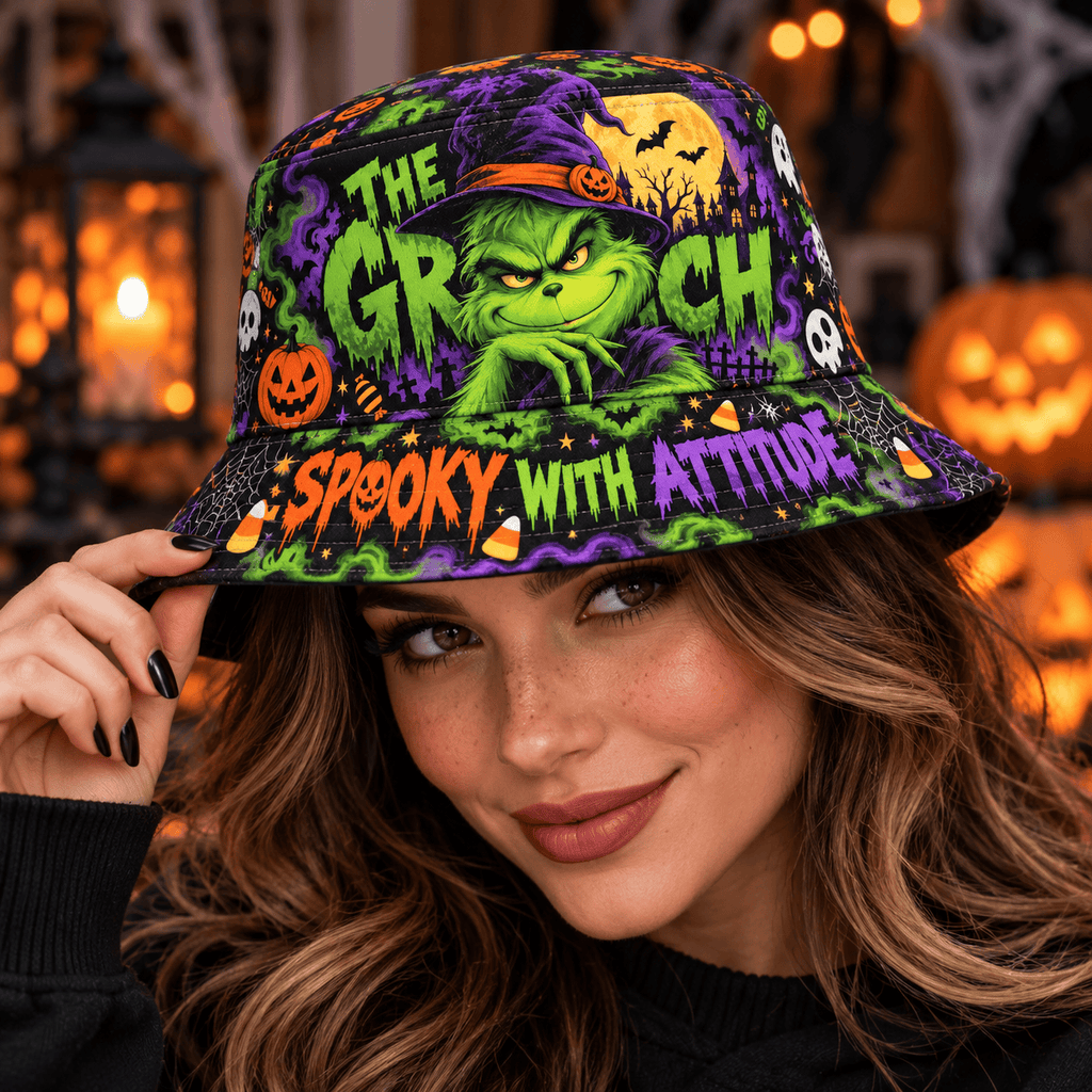 Premium The Grinch Spooky With Attitude Halloween Graphic Bucket Hat NDN 2