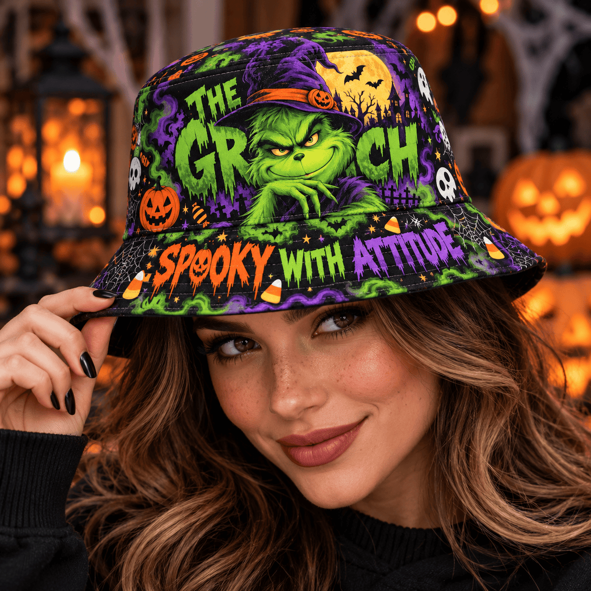 Premium The Grinch Spooky With Attitude Halloween Graphic Bucket Hat NDN 2