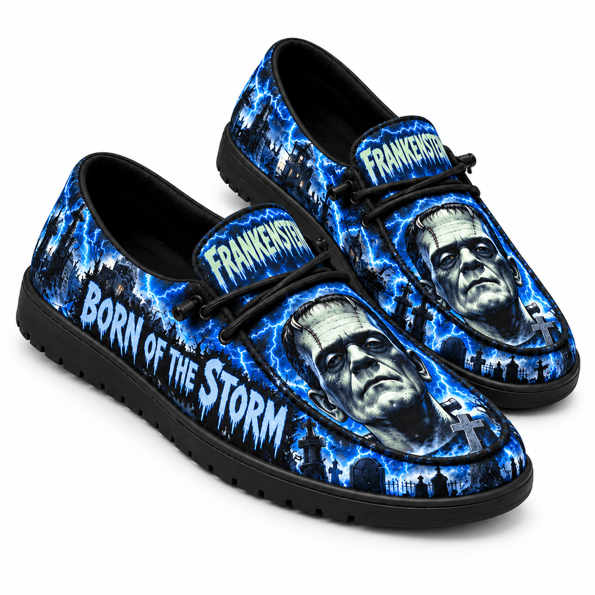 Frankenstein Blue Lightning Graveyard Loafer Shoes For Classic Monster Fans On Stormy Nights NDN 1