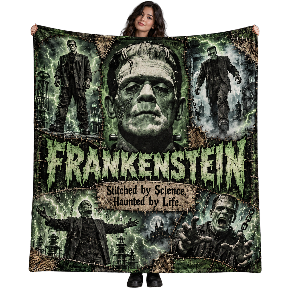 Frankenstein Green Portrait And Monster Collage Fleece Blanket For Lovers Of Classic Horror NDN 1