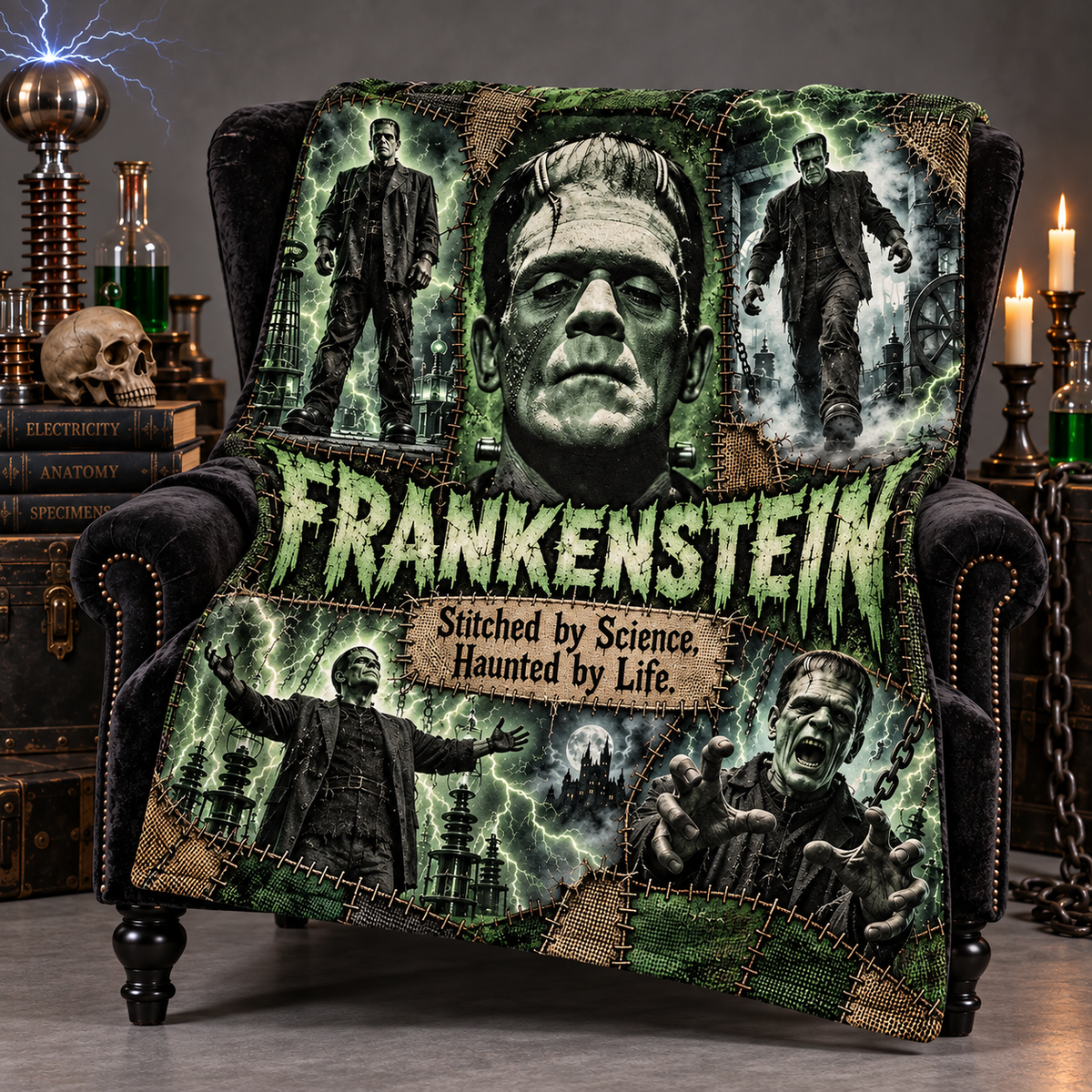 Frankenstein Green Portrait And Monster Collage Fleece Blanket For Lovers Of Classic Horror NDN 2
