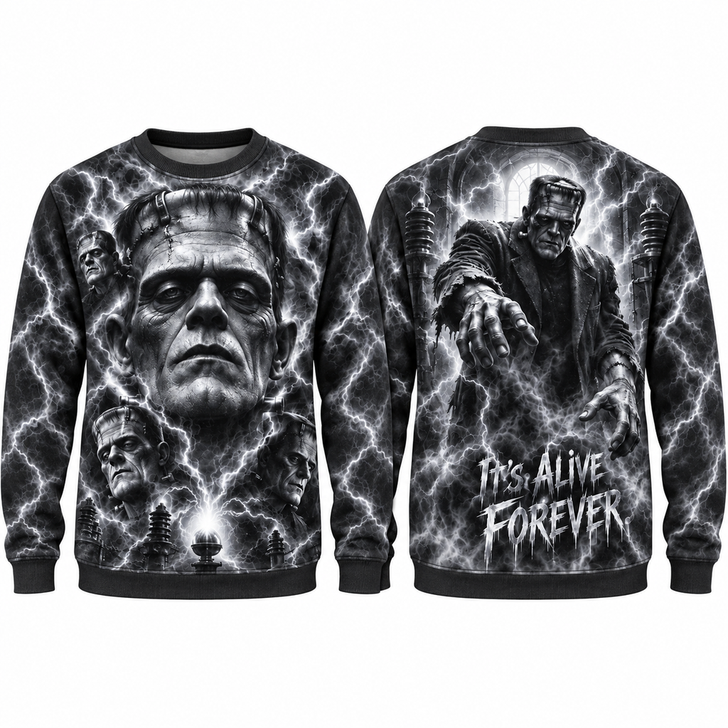 Frankenstein Monster Bolts He's Alive Forever Sweater for Classic Horror Fans NDN 1
