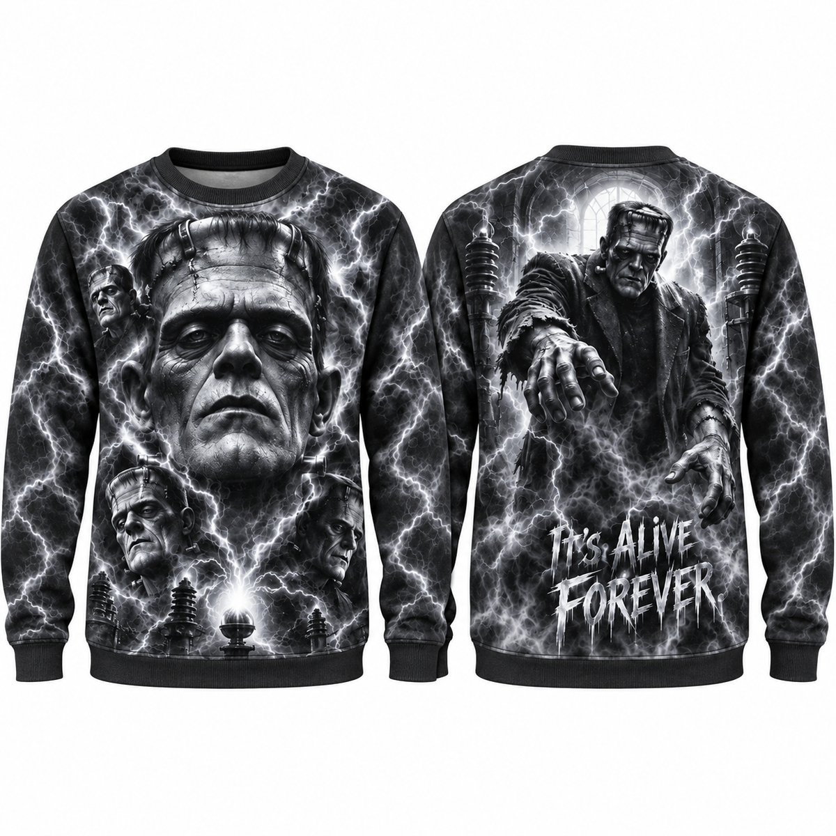 Frankenstein Monster Bolts He's Alive Forever Sweater for Classic Horror Fans NDN 1