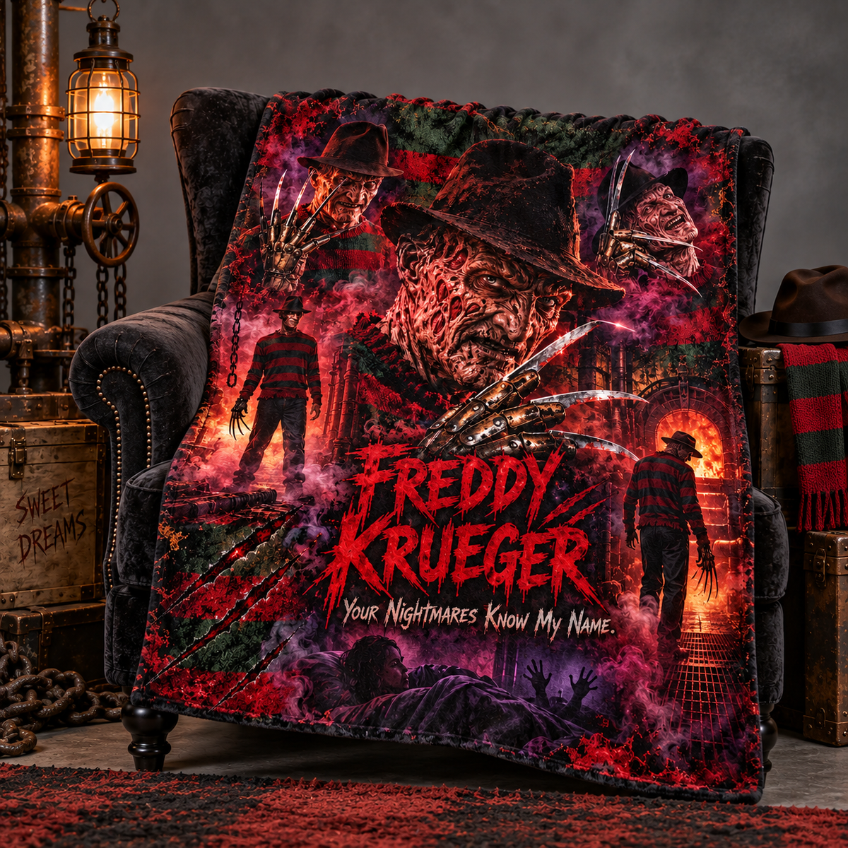 Freddy Krueger Striped Sweater And Claw Collage Fleece Blanket For Nightmare Horror Movie Nights NDN 2