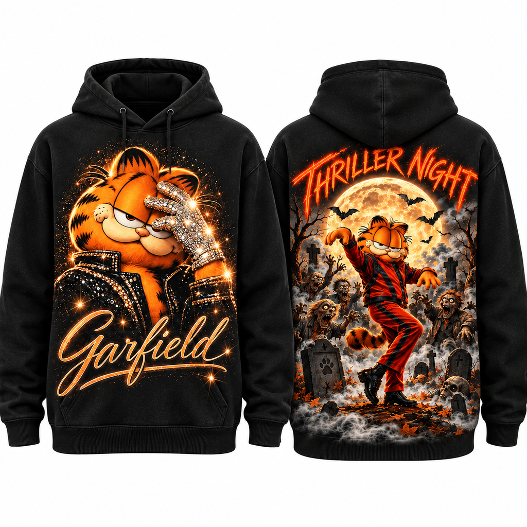 Garfield Orange Script Thriller Night Dancing Graveyard Moon Hoodie for Halloween Cartoon Fans NDN 1