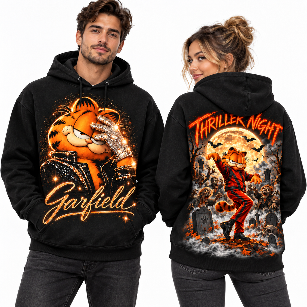 Garfield Orange Script Thriller Night Dancing Graveyard Moon Hoodie for Halloween Cartoon Fans NDN 2