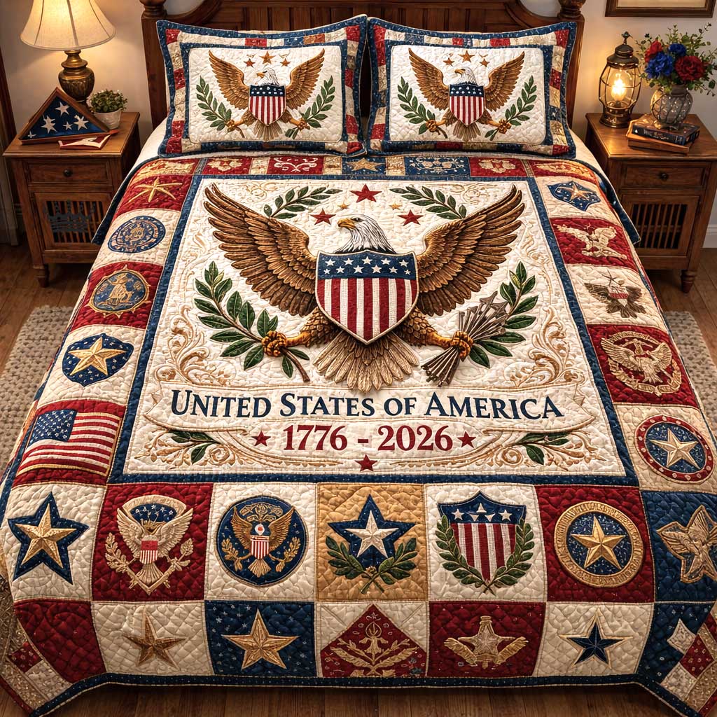 United States Of America 1776 2026 Quilted Bedding Set Good Room Decor Patriotic Themed Gifts