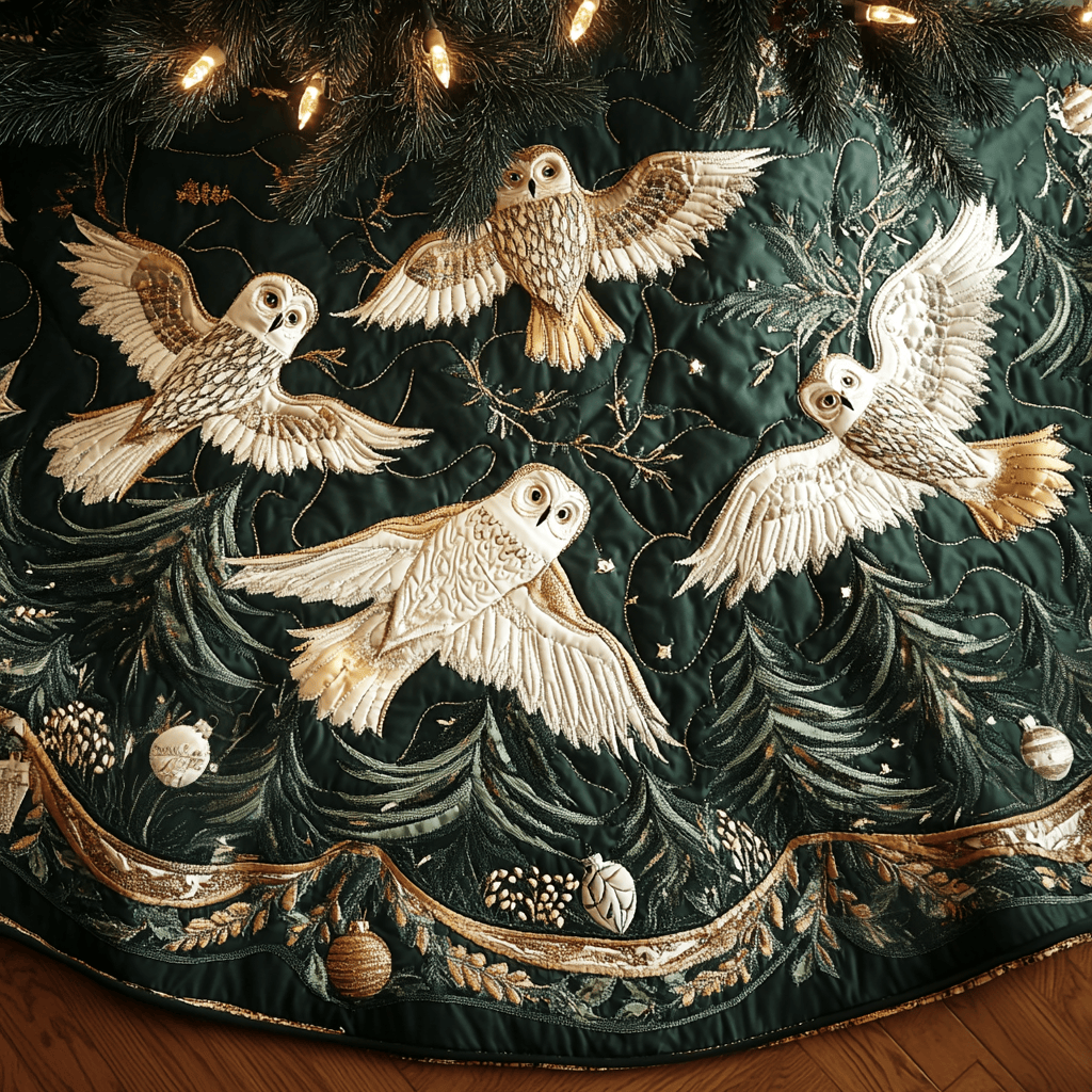 Midnight Snow Owls Christmas Quilted Tree Skirt NCU0DV2280