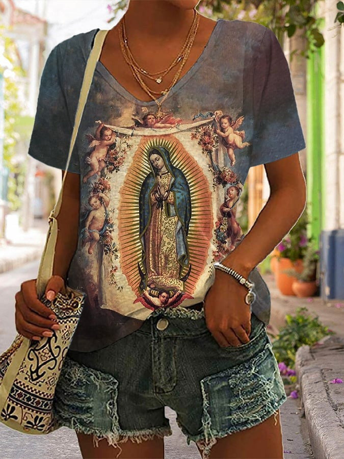 Catholic Faith Virgin Mary V-Neck Shirt Women's Faith Christian Mother Mary T-Shirt - Otakuforge