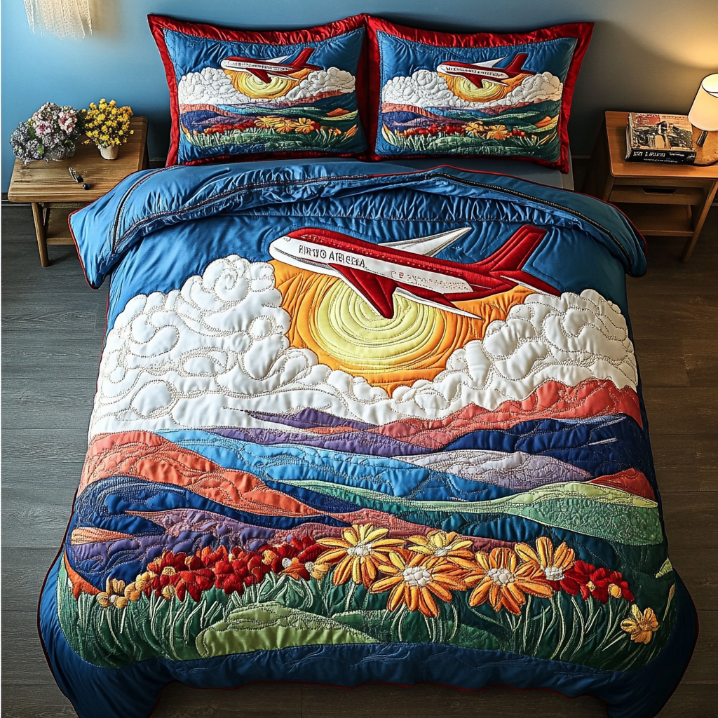Skyward Airplane 3-Piece Quilted Bedding Set NCU0DK4187