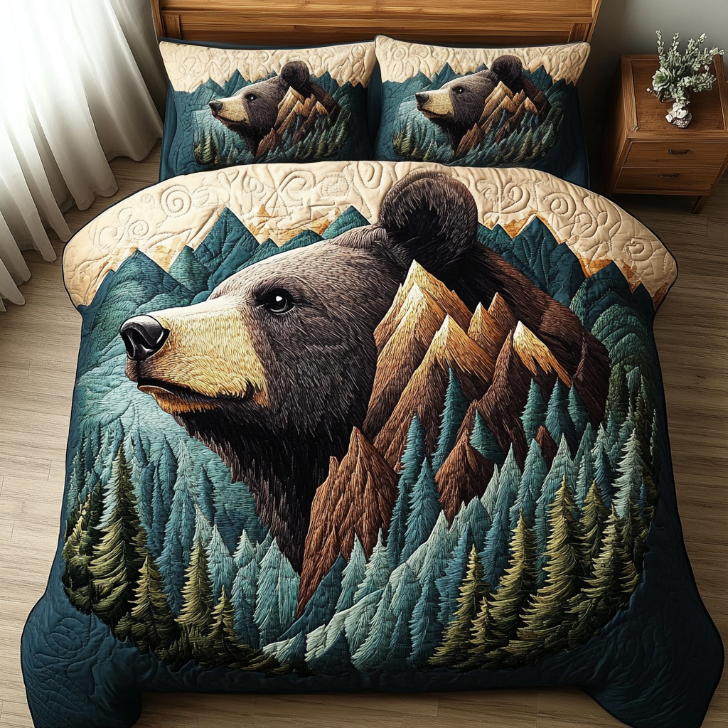Forest Bear 3-Piece Quilted Bedding Set NCU0VL2332