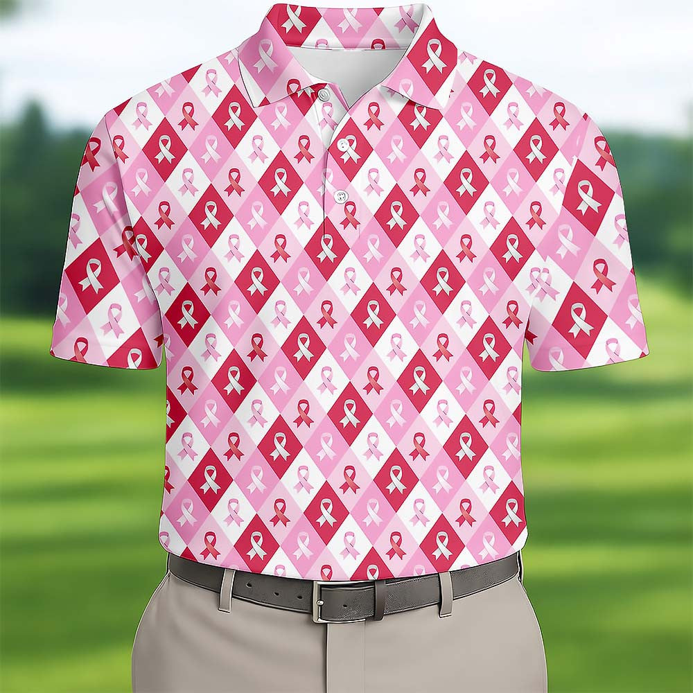 Breast Cancer Golf Polo Shirt Breast Cancer Awareness Pink Argyle Golf Apparel Gifts For Golfer