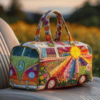 Hippie Van Flower Garden Quilted Duffle Bag Retro Festival Travel Bag Best Gifts For Women