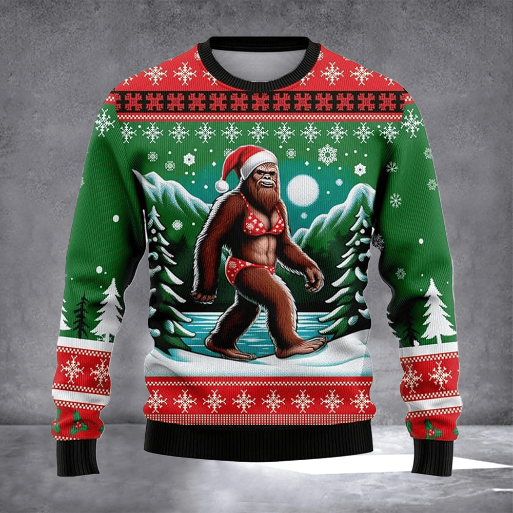 Bigfoot In The Snow Ugly Christmas Sweater Warm Clothes For Winter Bigfoot Lover Xmas Gifts