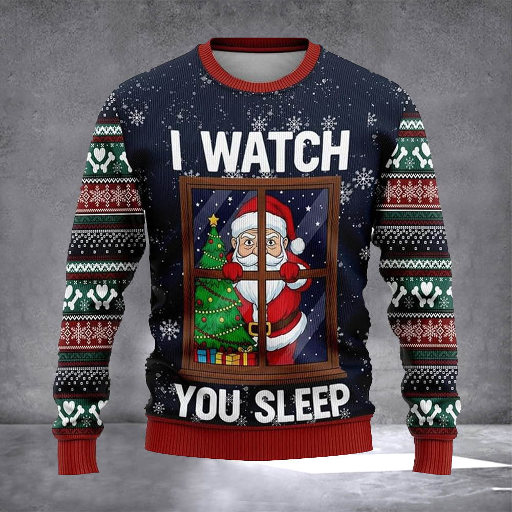 I Watch You Sleep Ugly Christmas Sweater Hilarious Santa Clothing Warm Clothes For Winter
