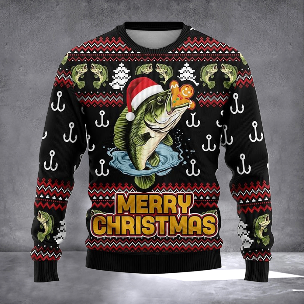 Bass Fishing Merry Christmas Ugly Christmas Sweater Funny Winter Clothing Xmas Gifts For Him