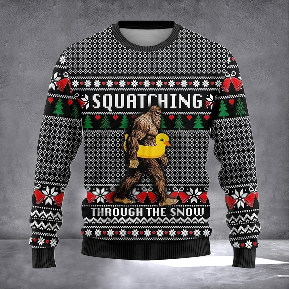 Squatching Through The Snow Ugly Christmas Sweater Bigfoot Sweater Holiday Gift Ideas