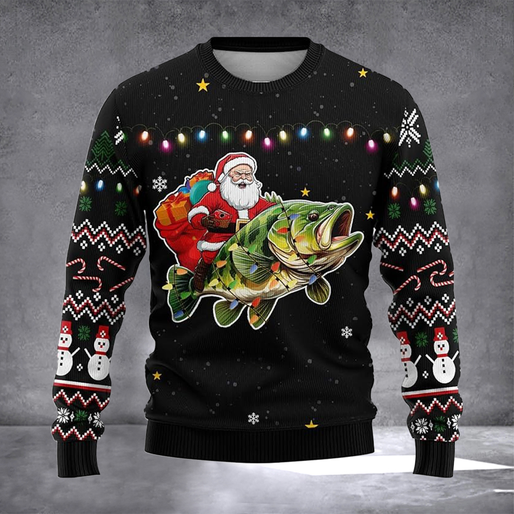 Bass Fish Santa Ugly Christmas Sweater Funny Winter Apparel Family Christmas Clothes Gifts