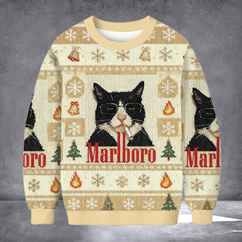 Cat Smoking Marlboro Ugly Christmas Sweater Hilarious Cat Sweater Xmas Apparel Gifts Idea