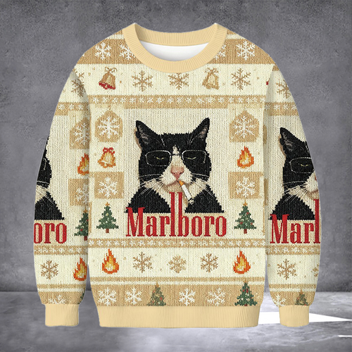 Cat Smoking Marlboro Ugly Christmas Sweater Hilarious Cat Sweater Xmas Apparel Gifts Idea