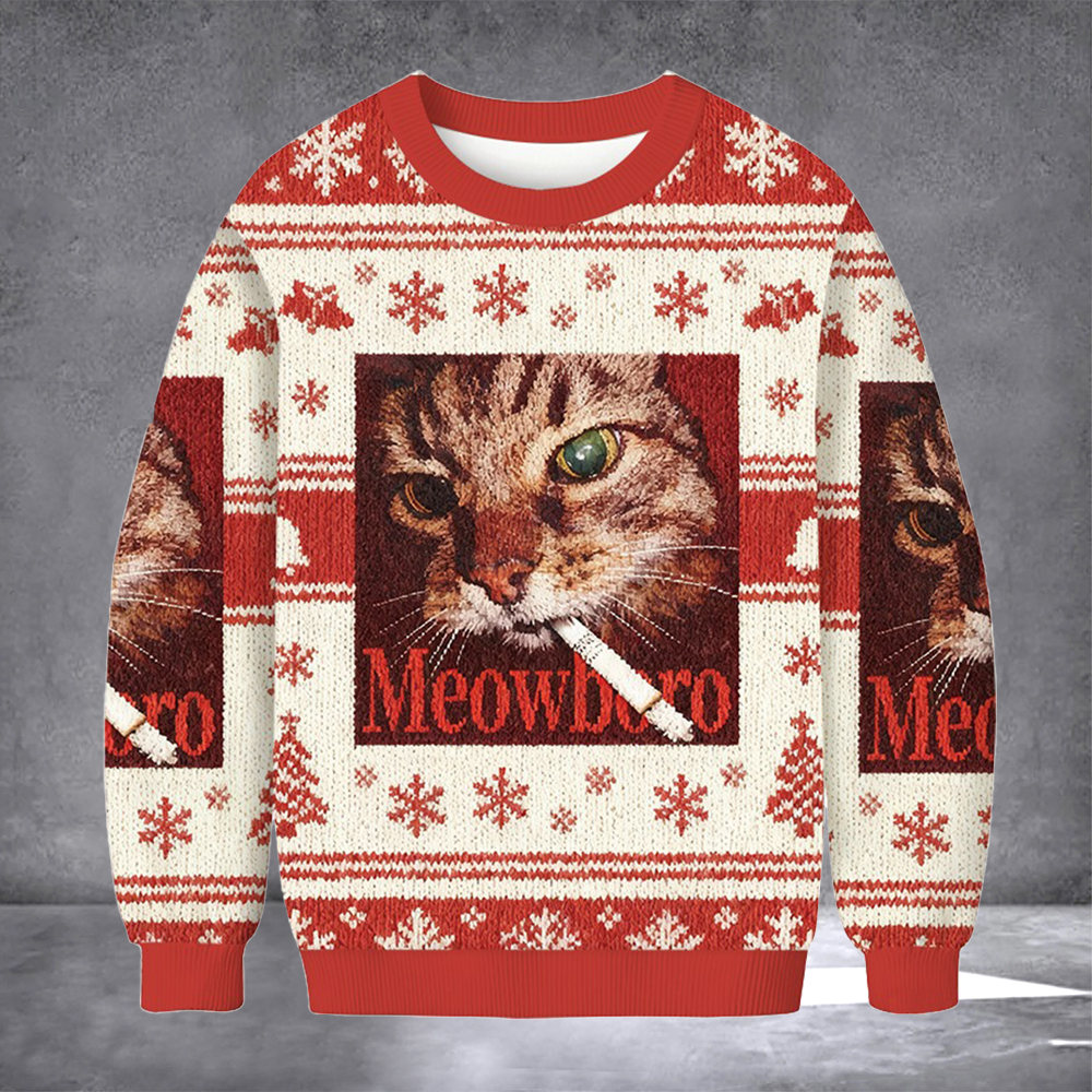 Cat Smoking Mewboro Ugly Christmas Sweater Cold Weather Clothes Winter Apparel Holiday Gifts