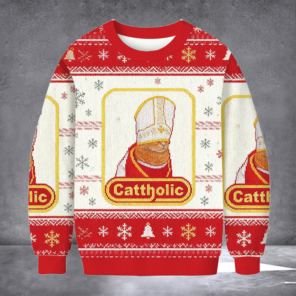 Cat Cattholic Ugly Christmas Sweater Funny Cat Cardinal Sweater Christian Christmas Gifts