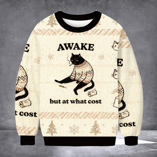 Cat Awake But At What Cost Ugly Christmas Sweater Funny Cat Clothing Xmas Merch Gifts For Him