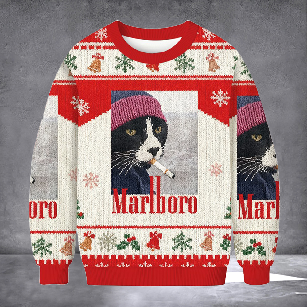 Black Cat Smoking Marlboro Ugly Christmas Sweater Holiday Apparel Xmas Gifts For Boyfriend