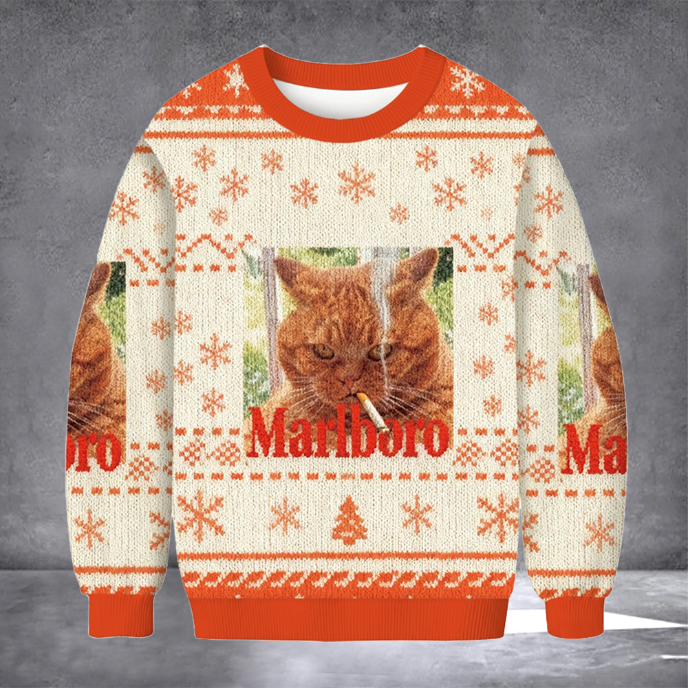 Cat Smoking Marlboro Ugly Christmas Sweater Christmas Day Outfit Cat Meme Clothing Xmas Gifts