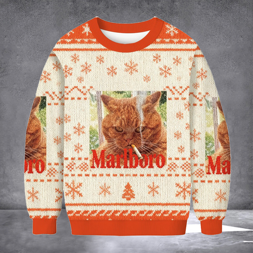 Cat Smoking Marlboro Ugly Christmas Sweater Christmas Day Outfit Cat Meme Clothing Xmas Gifts