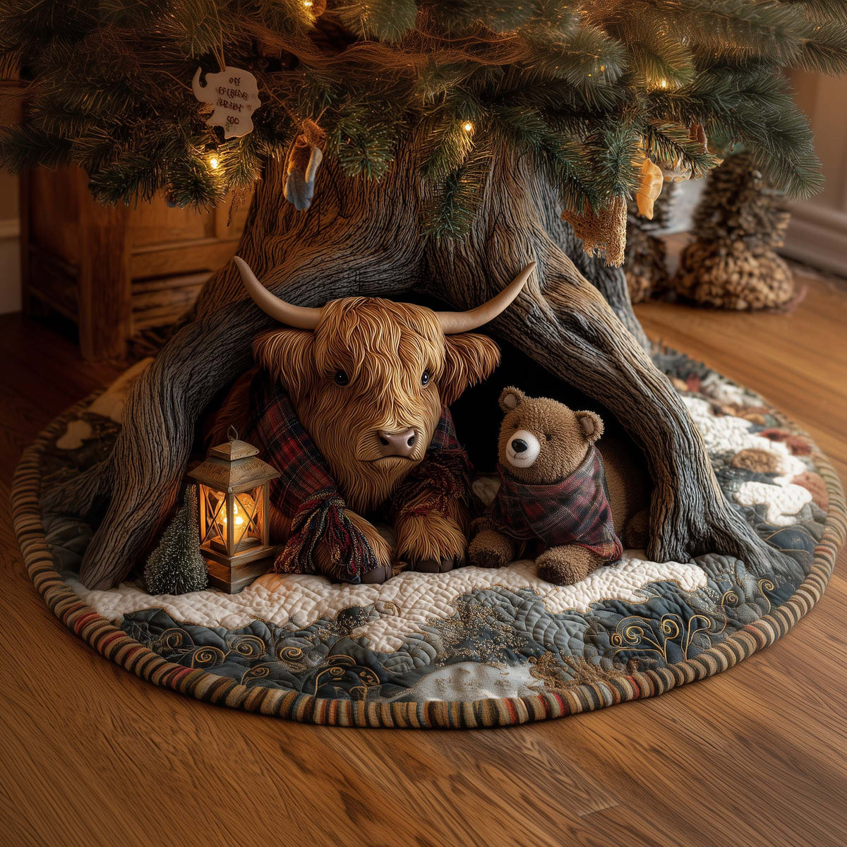 Highland Cow Forest Quilted Tree Skirt House Decor Items Xmas Tree Cover Gifts For Cow Lovers