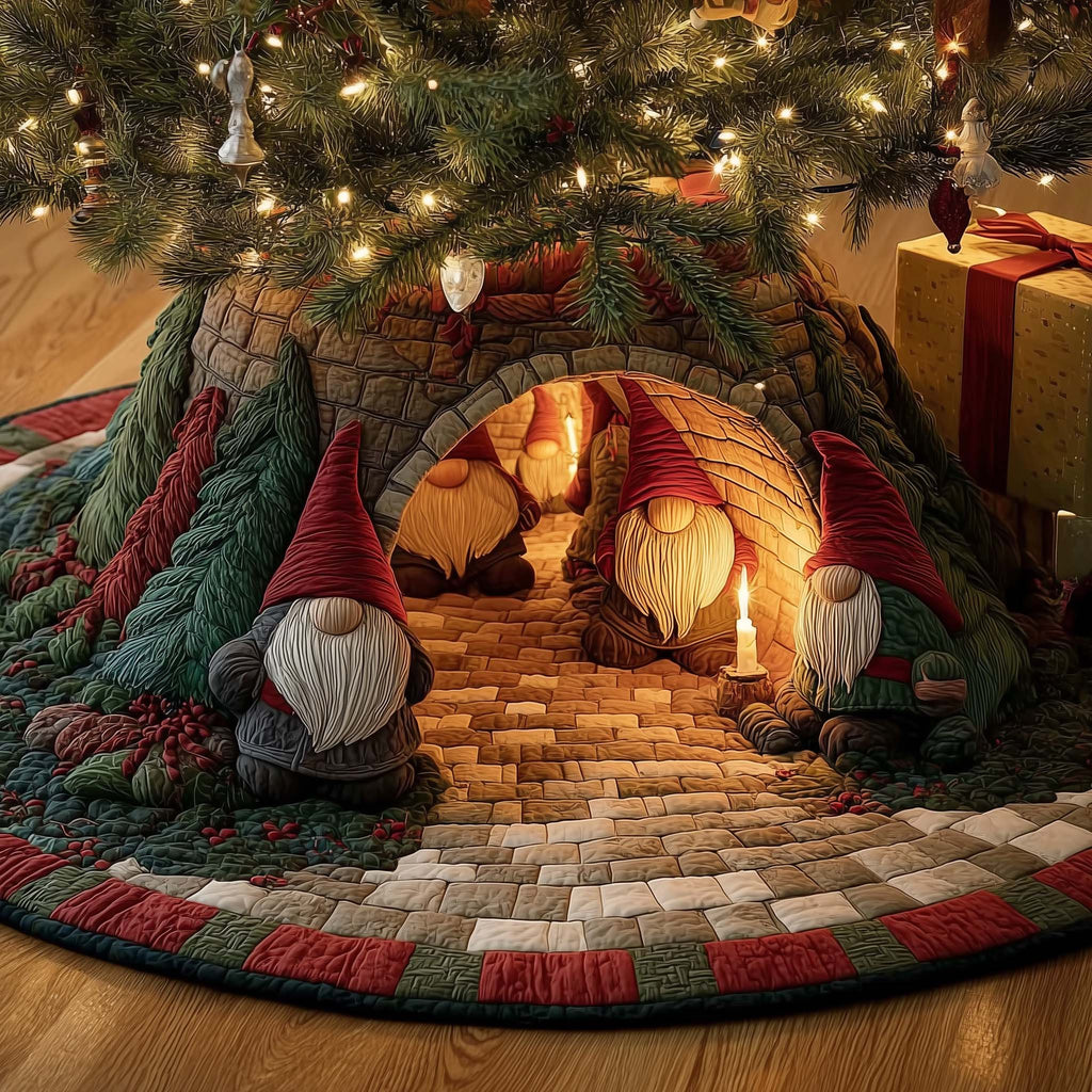 Christmas Gnomes Quilted Tree Skirt Winter Decor Xmas Tree Base Cover Holiday Gift Ideas