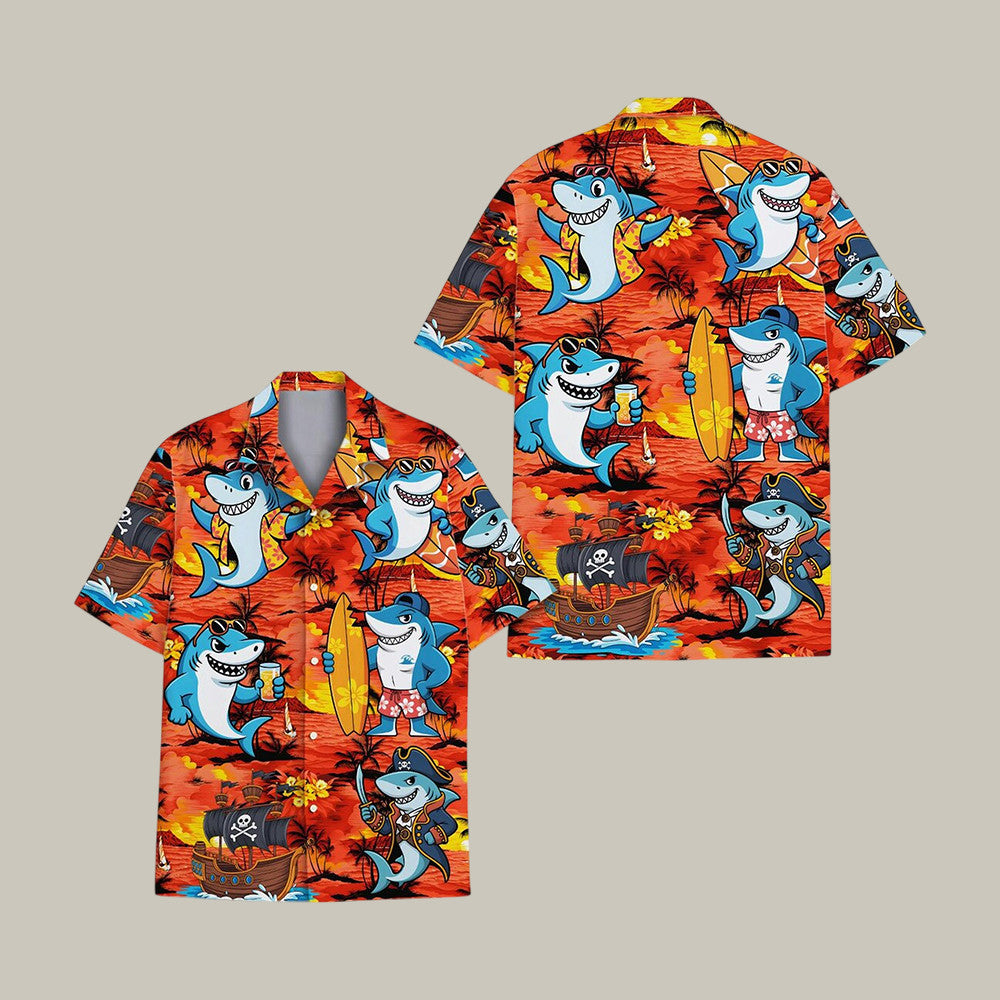 Surfing Shark Hawaiian Shirt Funny Pirate Shark Aloha Shirt Best Present For Shark Lovers - Otakuforge