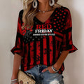 RED Friday Remember Everyone Deployed Poppy Floral V-Neck Long Sleeve Shirt American Flag Apparel - Otakuforge