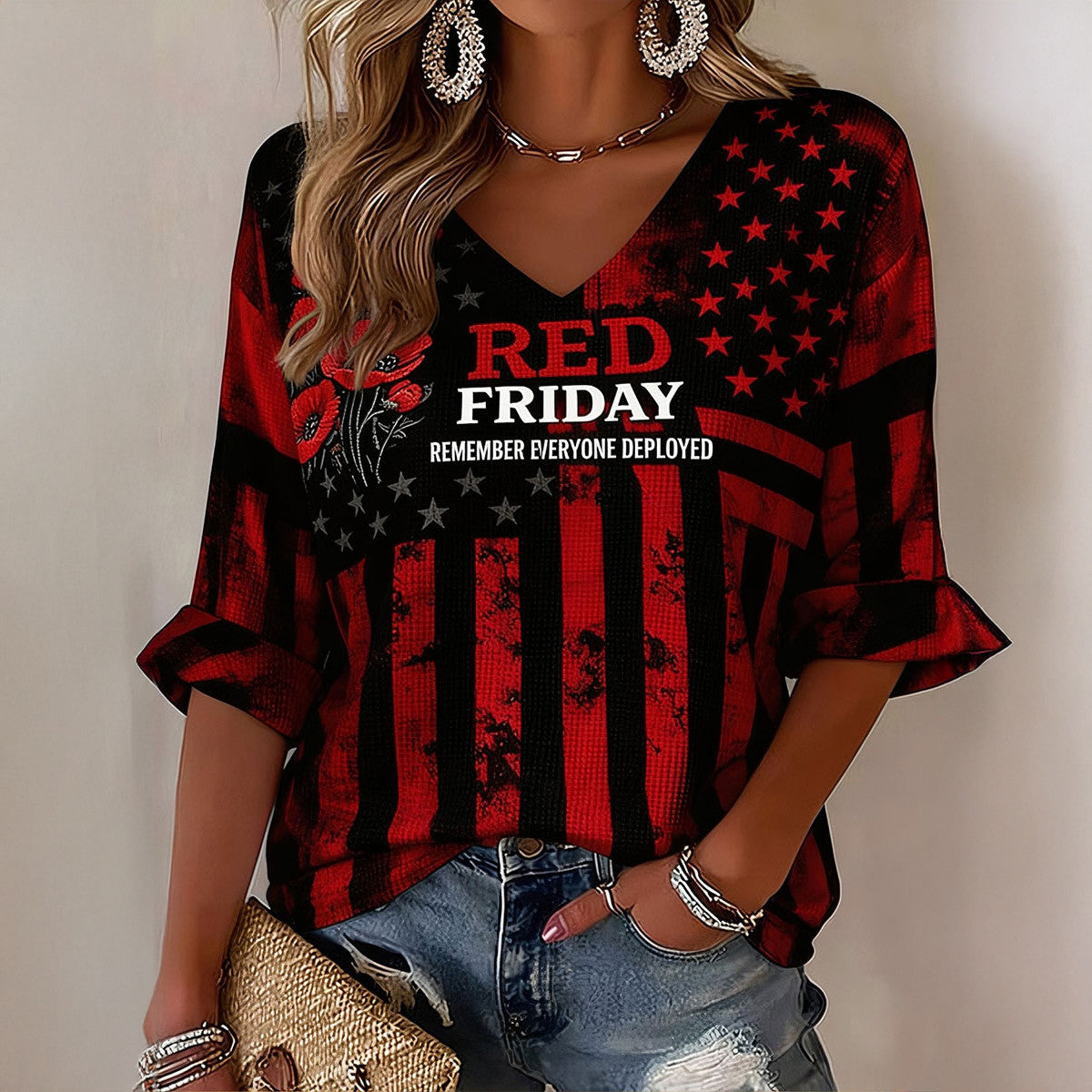 RED Friday Remember Everyone Deployed Poppy Floral V-Neck Long Sleeve Shirt American Flag Apparel - Otakuforge