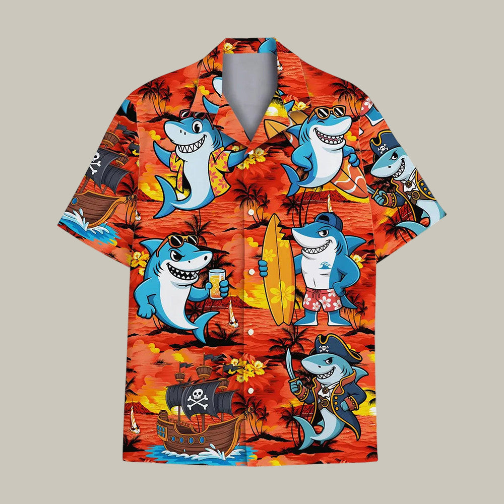 Funny Shark Hawaiian Shirt Pirate Surfer Tropical Summer Party Ocean Shirt Gift For Him - Otakuforge