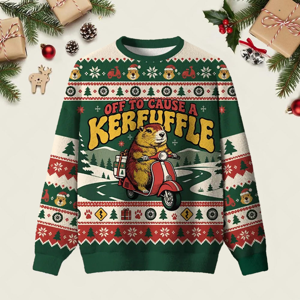 Off To Cause A Kerfuffle Ugly Christmas Sweater Cold Weather Clothes Xmas Apparel
