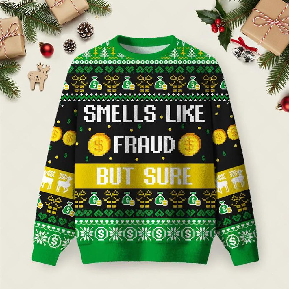 Smells Like Fraud But Sure Ugly Christmas Sweater Winter Apparel Christmas Outfits.jpeg