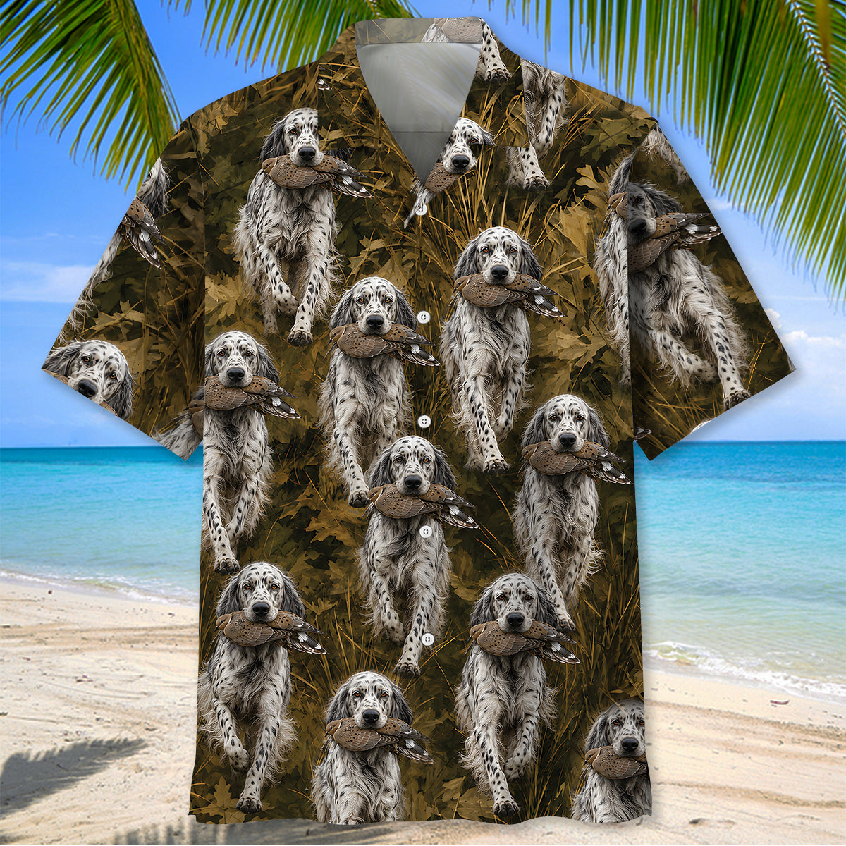 Camouflage English Setter Running With Mourning Dove Hawaiian Shirt Huntin Season Gear